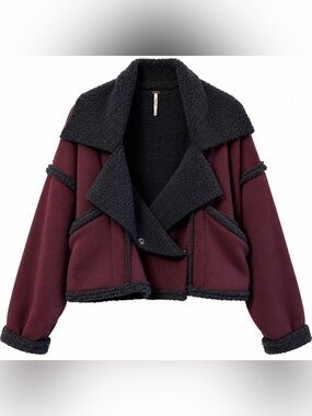 Free People Plum Cropped Teddy Jacket with Black Sherpa Trim size medium